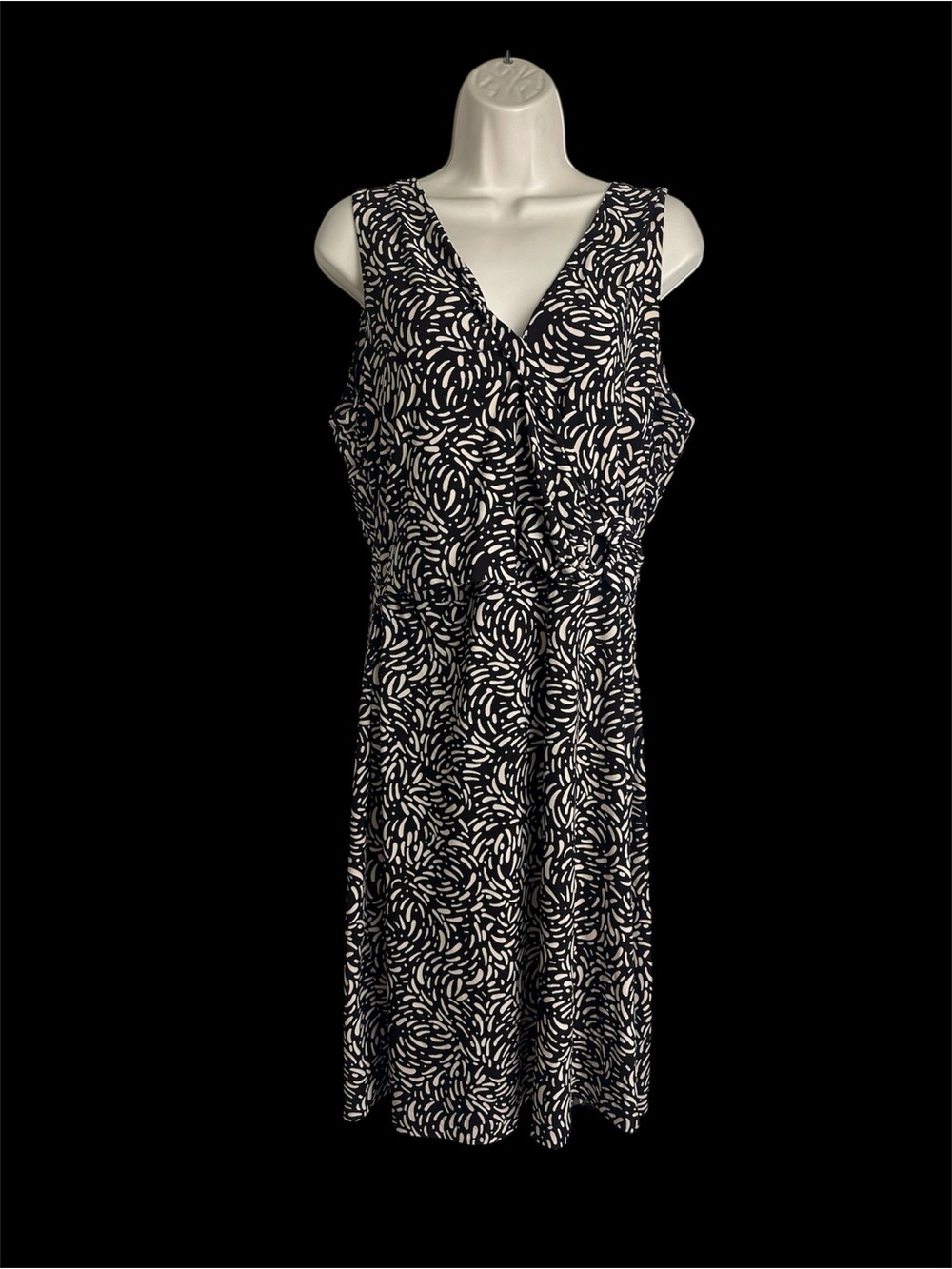 Sleeveless Black & White Printed Wrap-Style Midi Dress